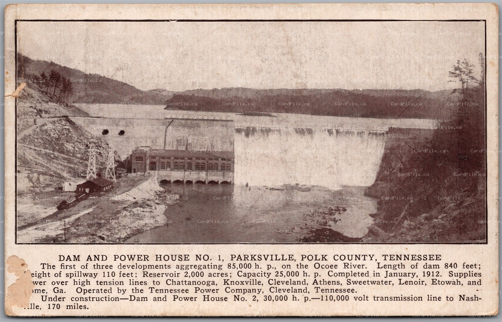 Postcard Parksville Tennessee 1913 Dam and Power House No. 1 Polk County *as is*