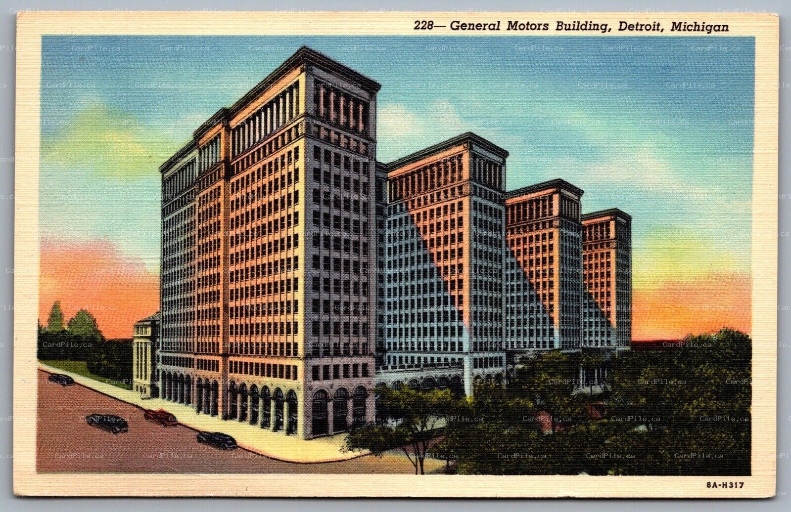 Postcard Detroit MI c1938 General Motors Building West Grand Boulevard & Second