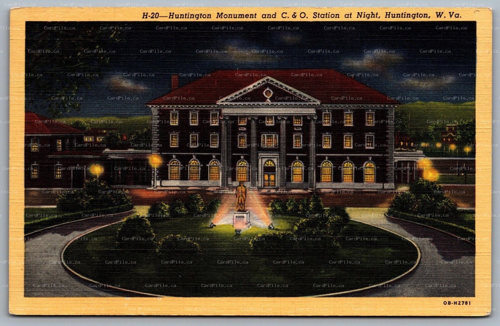 Postcard Huntington WV c1940 Monument & C. & O. Railroad Station Depot at Night