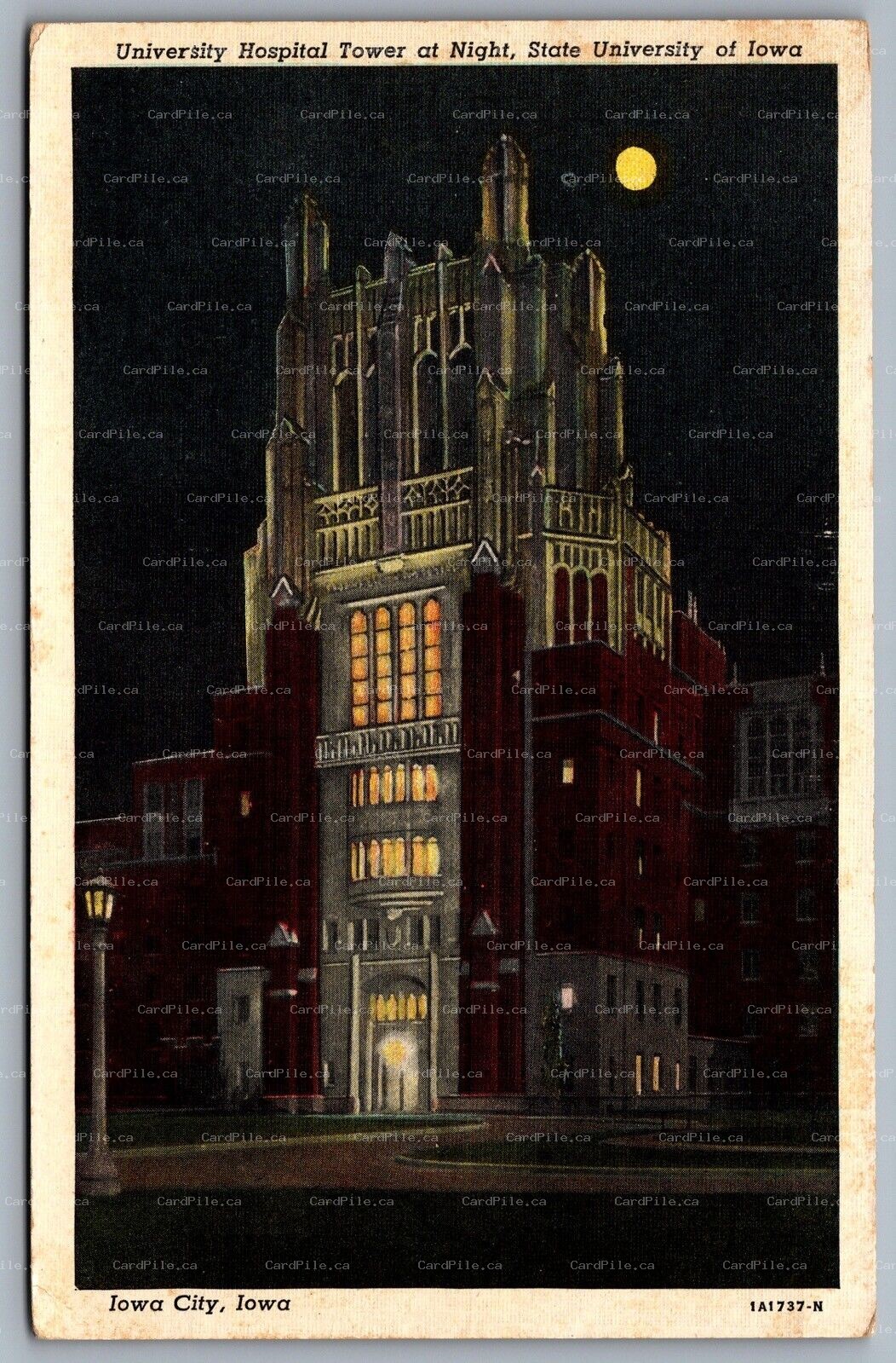Postcard Iowa City IA c1931 University Hospital Tower at Night State University