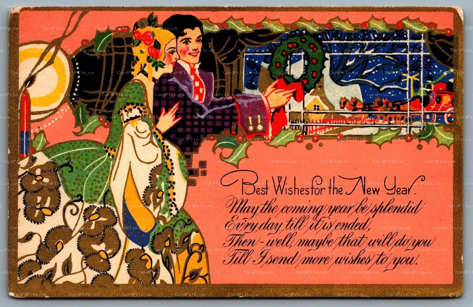 Postcard c1905 Best Wishes For The New Year Couple Hanging Reef Art Deco Style