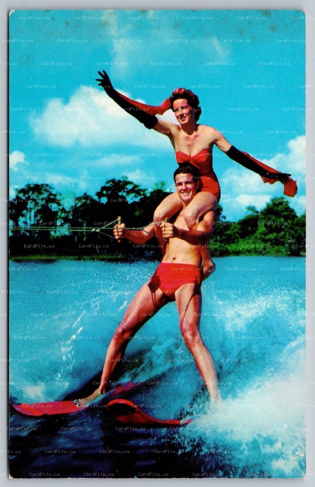 Postcard Cypress Gardens Florida c1954 Tandem Water Skiing